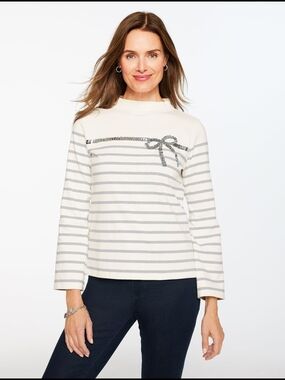 Talbots New White Gray Striped Sequin Bow Mockneck Long Sleeve Tee Size M